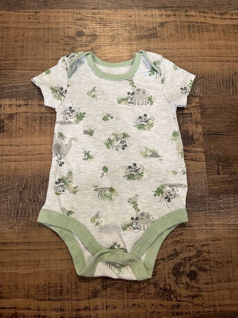 Disney Gray Heather Bodysuit with Green Trim and Mickey Dino Print